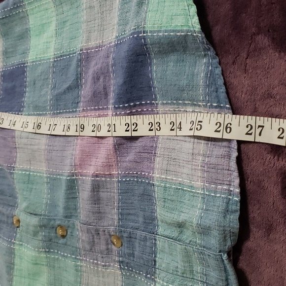 Keren Hart. Teal/Blue/Purple/Pink Plaid; Button up; Short Sleeve Top Size XL EUC - Picture 11 of 15